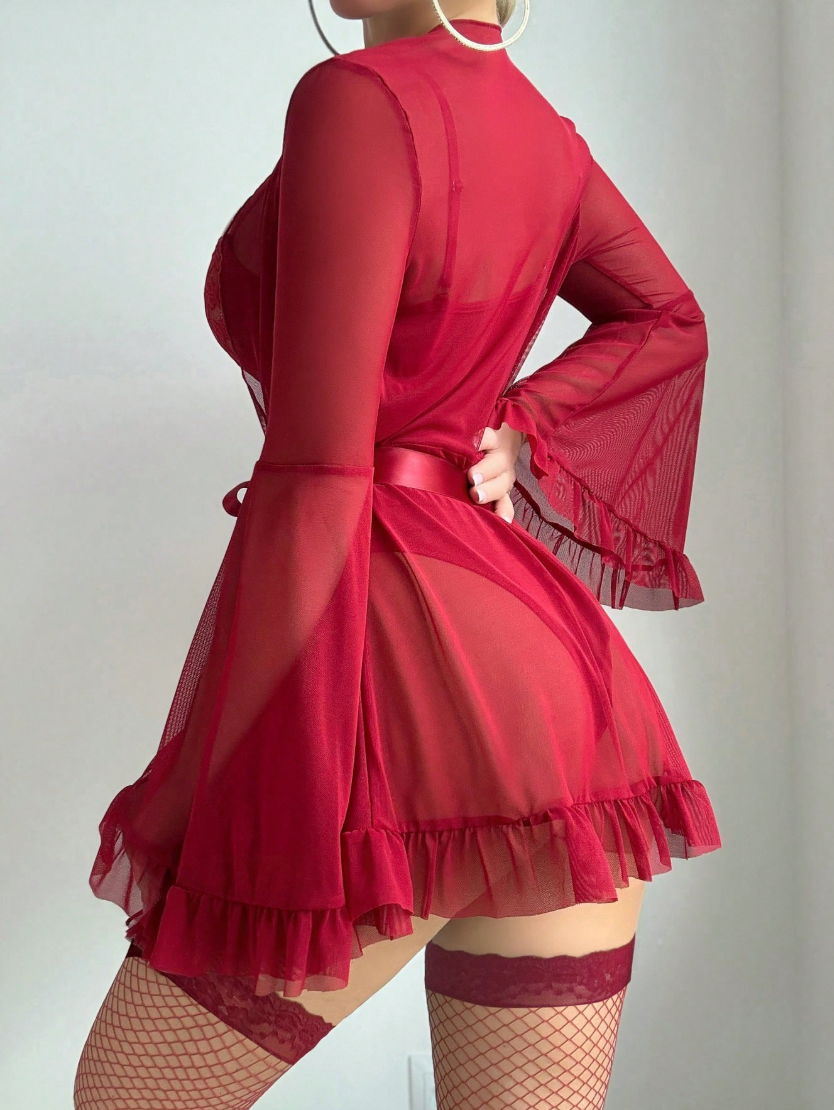 VYLA Lace Sheer Robe Lingerie Set – Elegant Transparent Bodysuit with Satin Ribbon