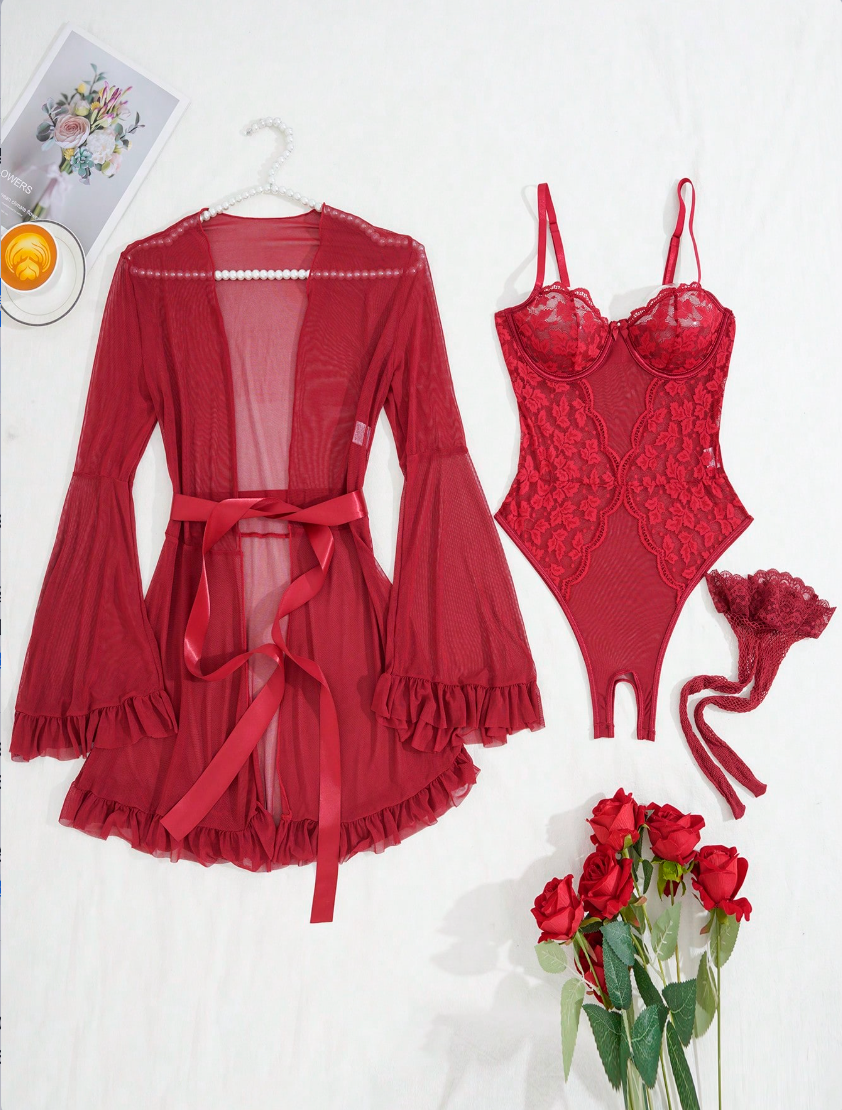 VYLA Lace Sheer Robe Lingerie Set – Elegant Transparent Bodysuit with Satin Ribbon