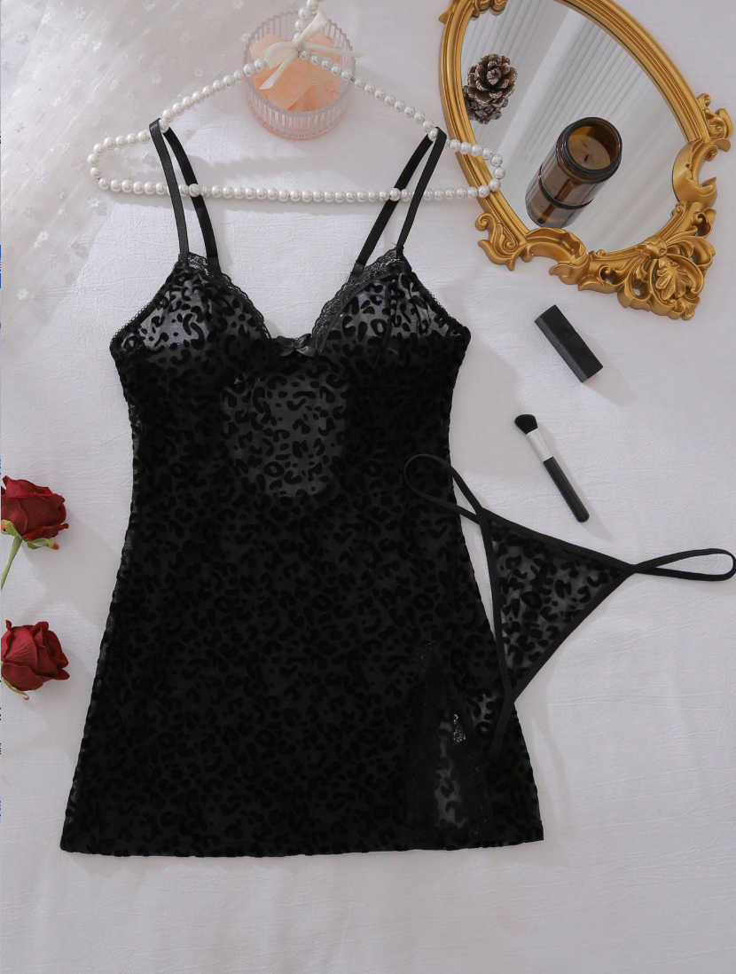 Leopard Mesh Lace Slip Dress – Sexy Deep V Bodycon Nightdress